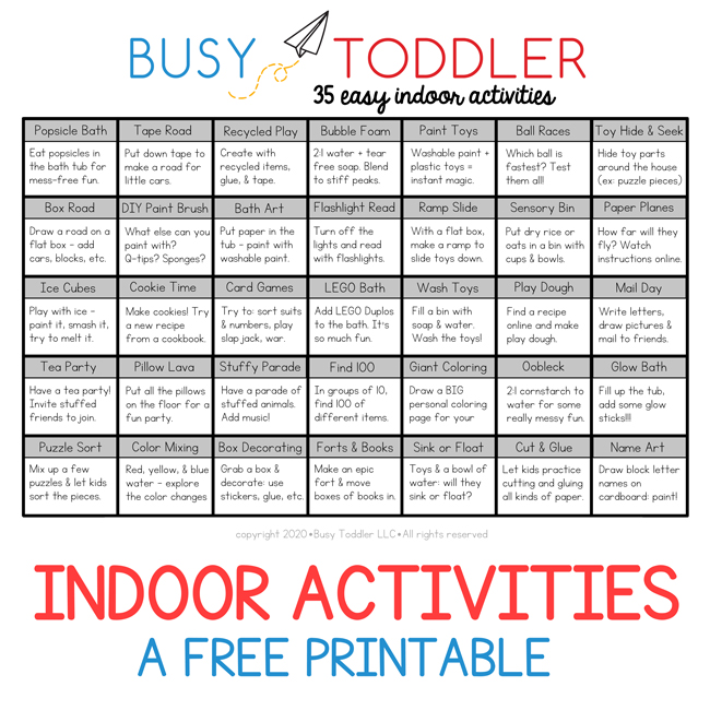 Easy Indoor Activity List (Free Printable) – Busy Toddler