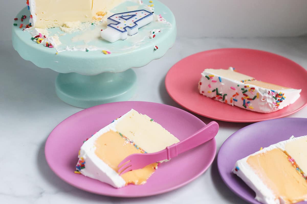 slices-of-ice-cream-cake-on-bright-plates