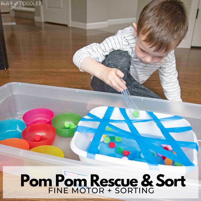 POM POM RESCUE AND SORT: A great fine motor activity for kids. This indoor activity is great for hand strength and math sorting. An activity designed by Busy Toddler.