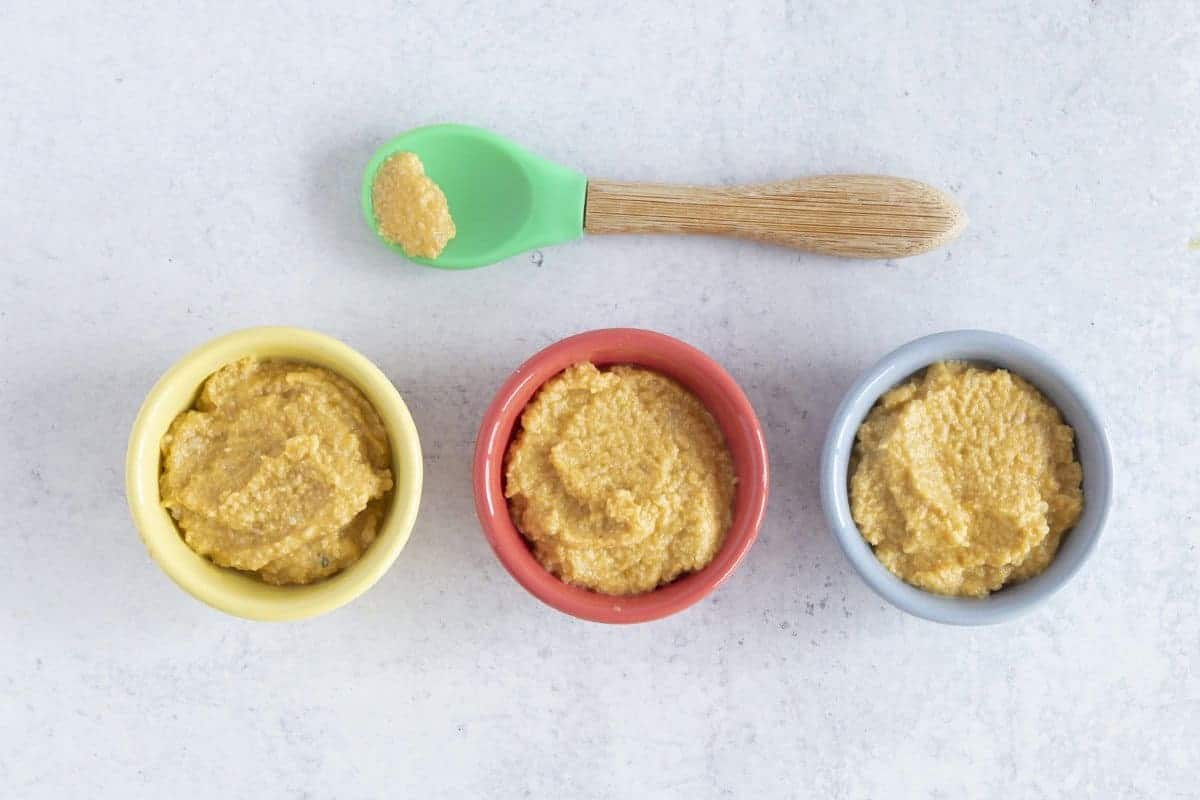 chicken puree in small bowls with baby spoon