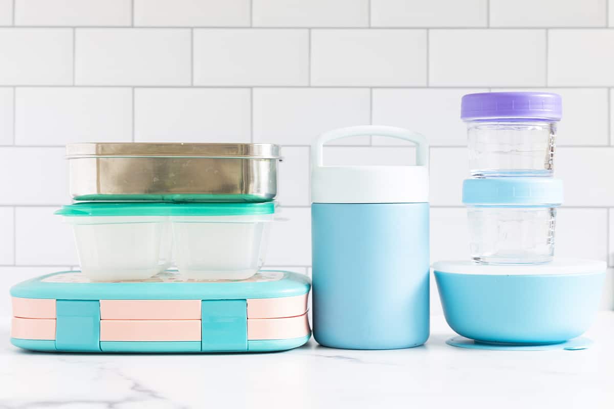 baby lunchboxes on countertop.