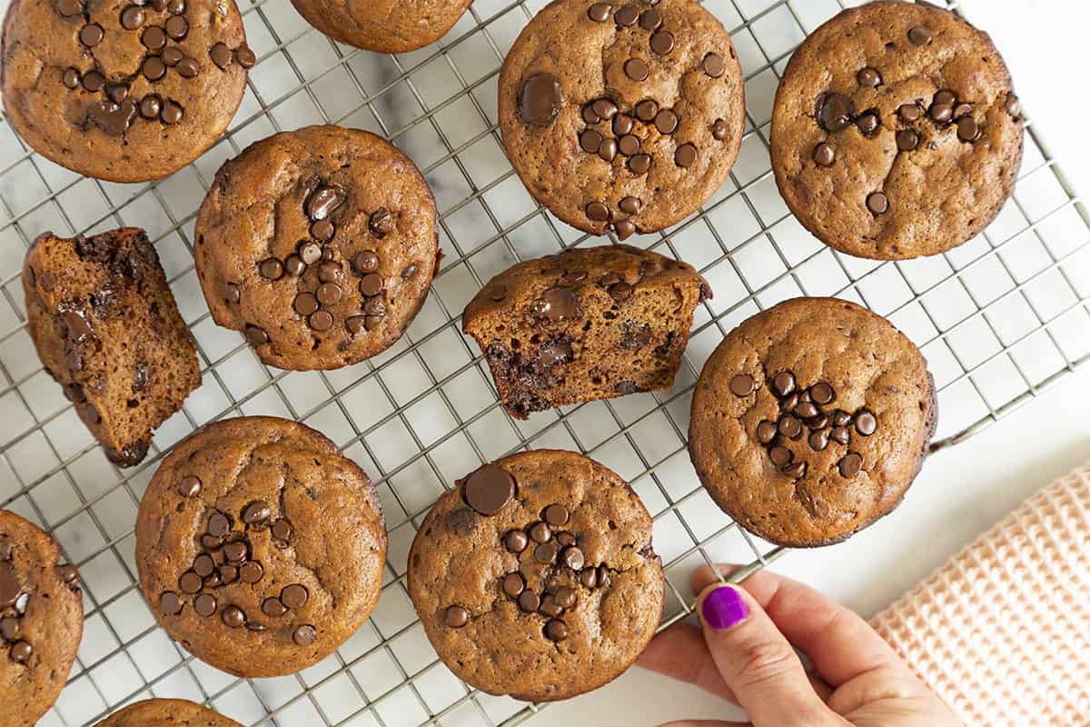 Chocolate muffins on cooling rack with hand.