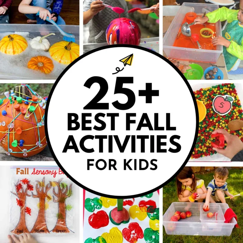 The 25+ Best Fall Activities for Kids: Image shows 8 activities for kids to try in fall (put together by Busy Toddler)