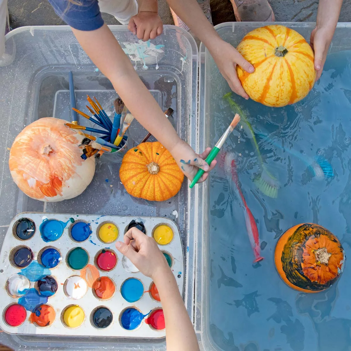 Three kids paint and wash pumpkins. There are 4 pumpkins, paint, and water in the photo.